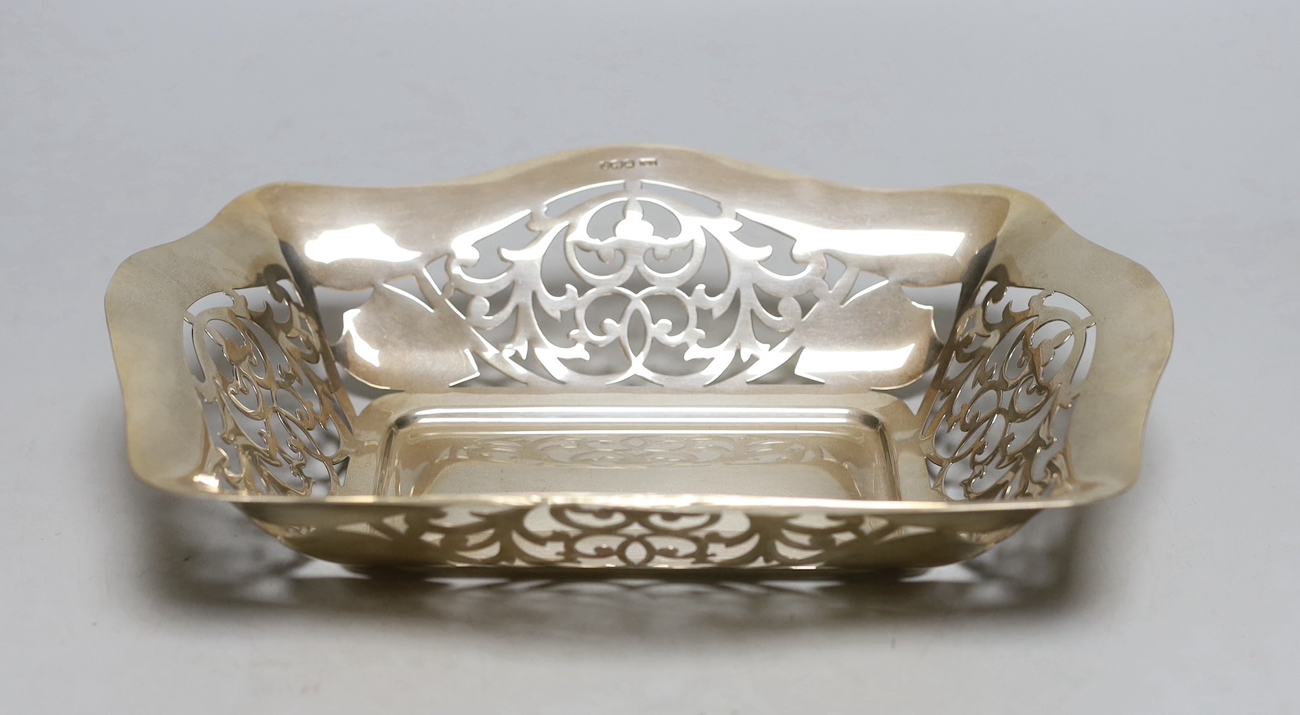 A George V pierced silver shapes rectangular fruit bowl, Viners Ltd, Sheffield, 1932, 28.2cm, 11.6oz.